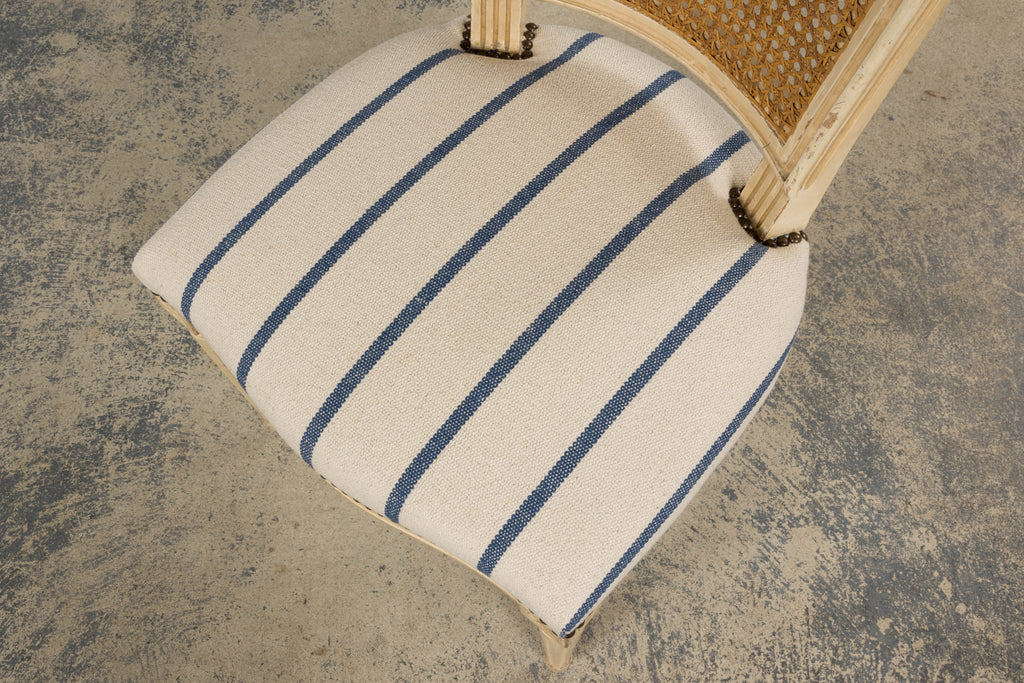 Antique French Louis XVI Painted Cane Back Dining Chairs in Blue Stripe - Set of 6