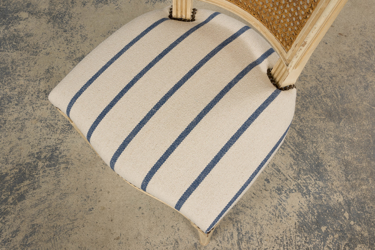 Antique French Louis XVI Painted Cane Back Dining Chairs in Blue Stripe - Set of 6