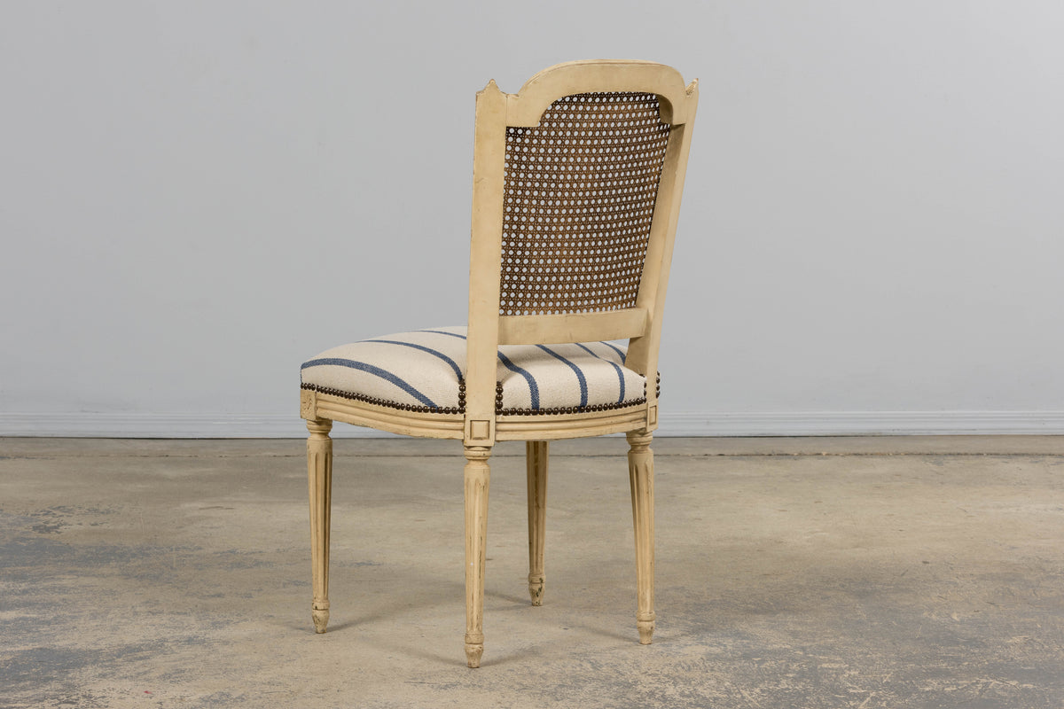 Antique French Louis XVI Painted Cane Back Dining Chairs in Blue Stripe - Set of 6