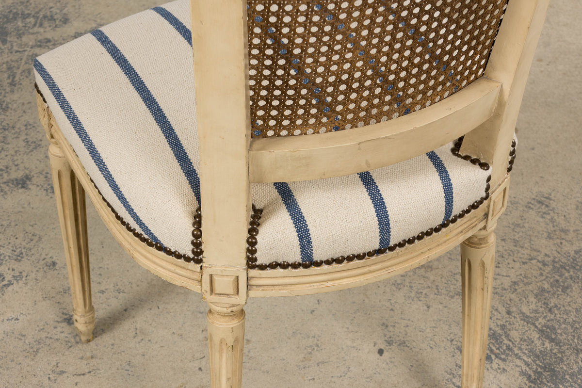 Antique French Louis XVI Painted Cane Back Dining Chairs in Blue Stripe - Set of 6