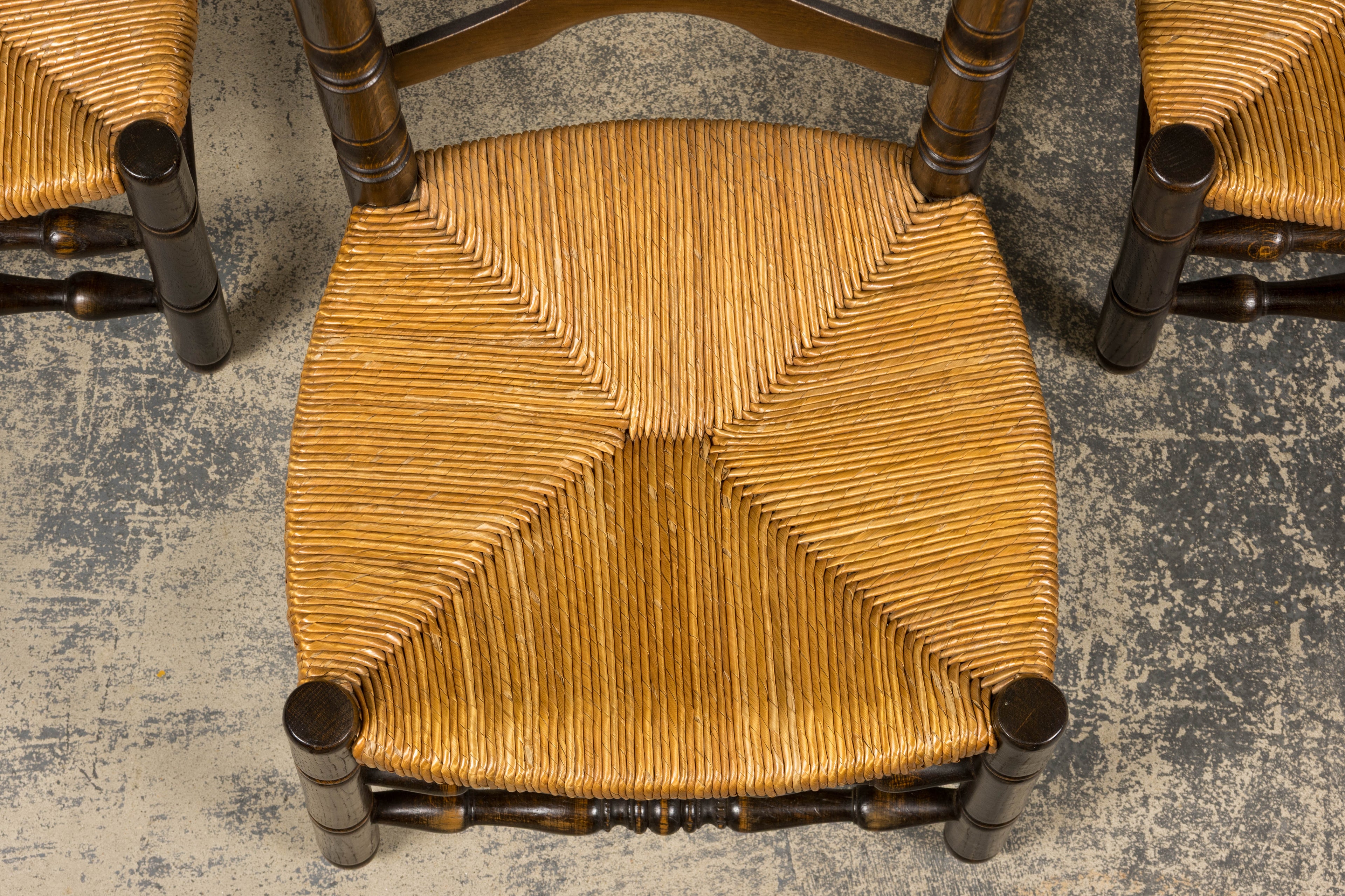 Antique Spanish Country Oak Ladder Back Rush Seat Dining Chairs – Set of 10