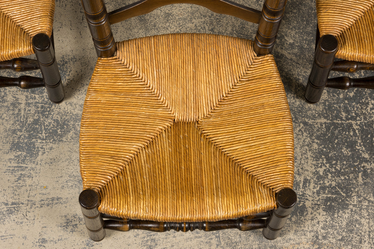 Antique Spanish Country Oak Ladder Back Rush Seat Dining Chairs – Set of 10