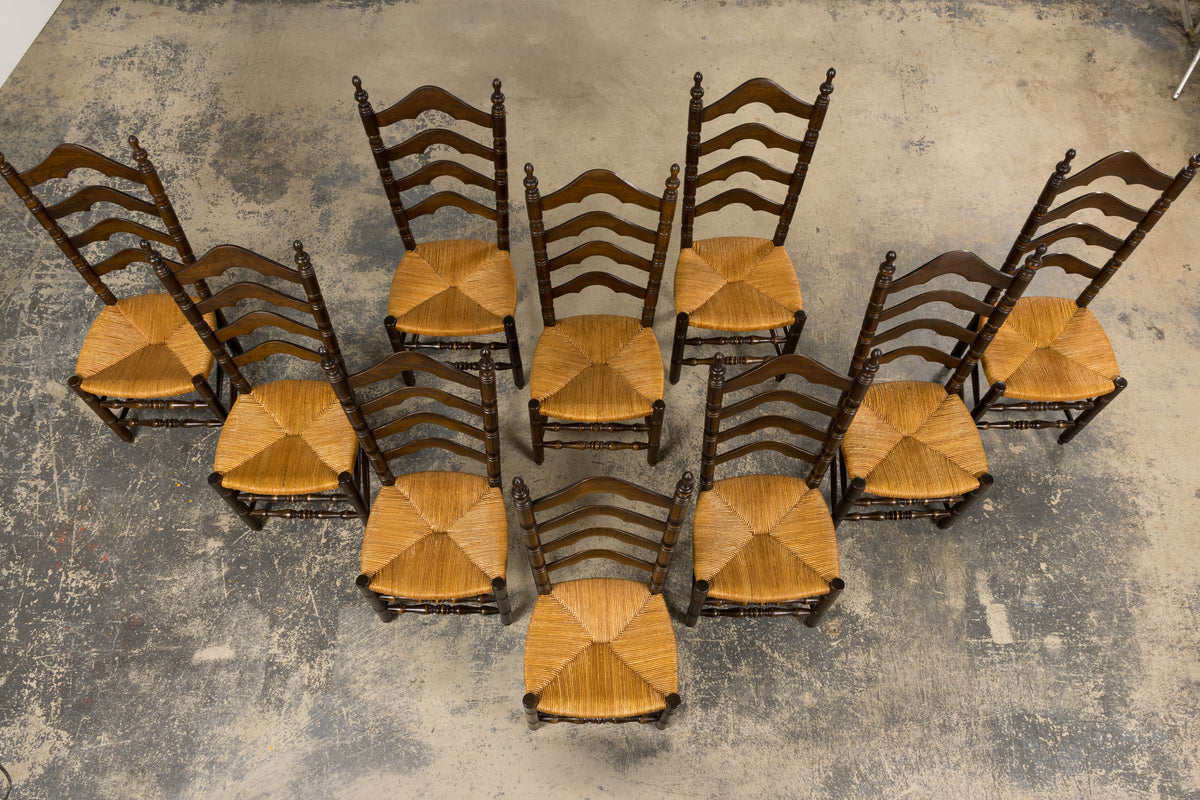 Antique Spanish Country Oak Ladder Back Rush Seat Dining Chairs – Set of 10