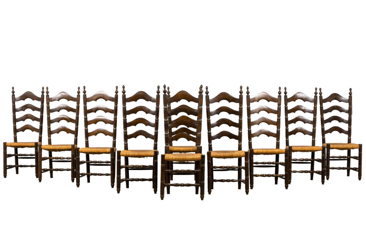 Antique Spanish Country Oak Ladder Back Rush Seat Dining Chairs – Set of 10