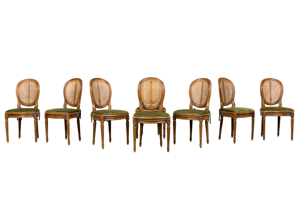 Set of Eight French Louis XVI Style Maple Dining Chairs with Cane Seats & Olive Velvet Cushions