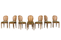Set of Eight French Louis XVI Style Maple Dining Chairs with Cane Seats & Olive Velvet Cushions