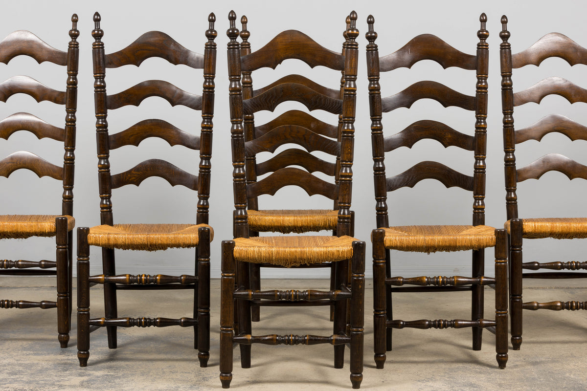 Antique Spanish Country Oak Ladder Back Rush Seat Dining Chairs – Set of 10