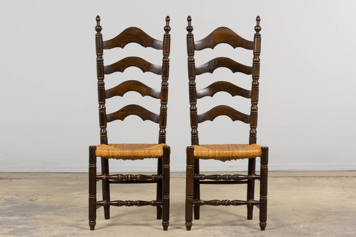 Antique Spanish Country Oak Ladder Back Rush Seat Dining Chairs – Set of 10
