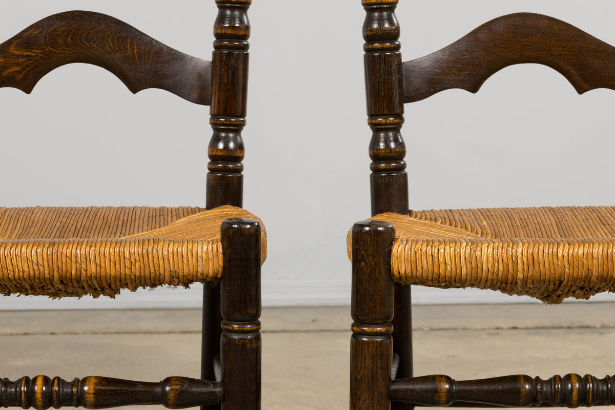 Antique Spanish Country Oak Ladder Back Rush Seat Dining Chairs – Set of 10