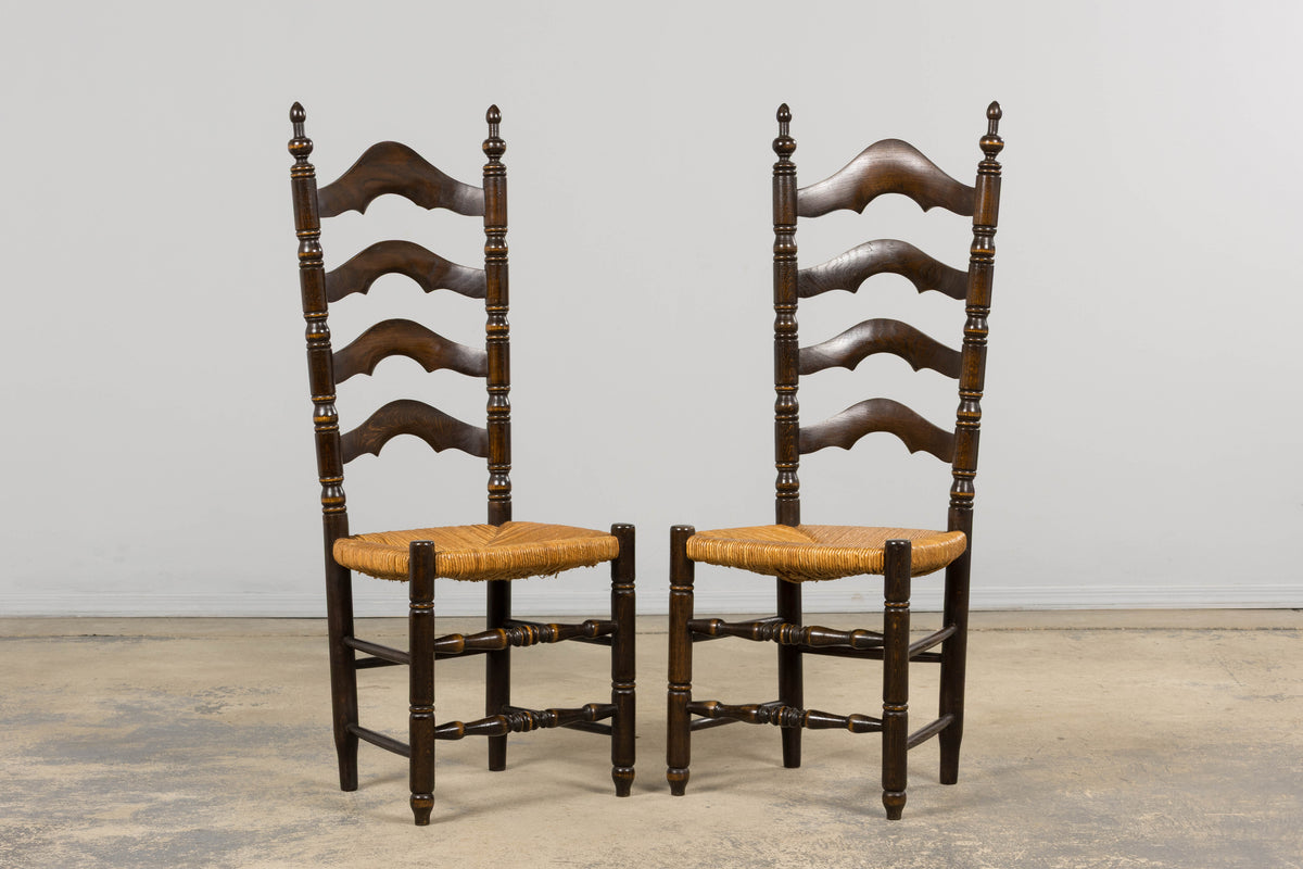 Antique Spanish Country Oak Ladder Back Rush Seat Dining Chairs – Set of 10