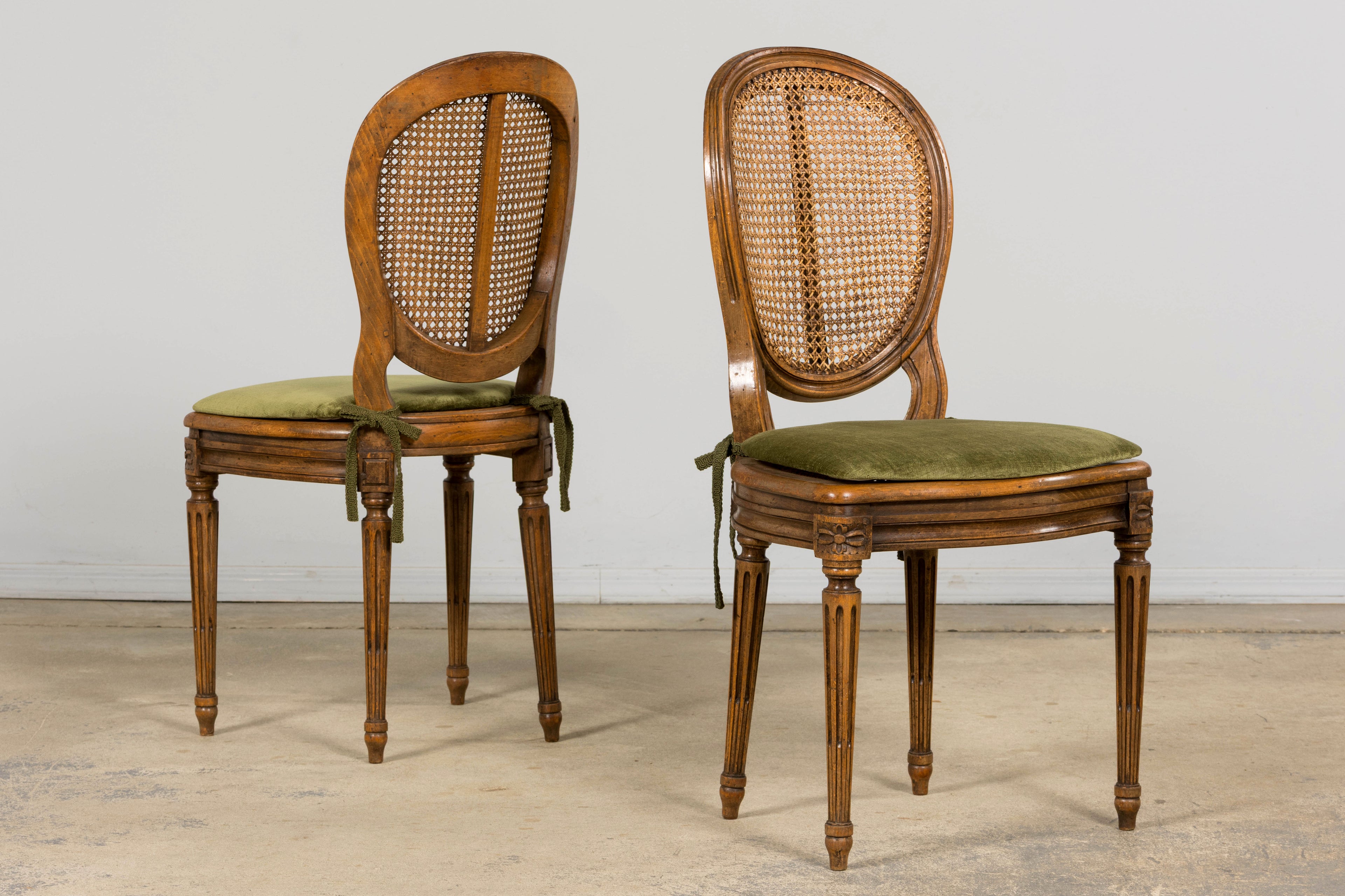 Set of Eight French Louis XVI Style Maple Dining Chairs with Cane Seats & Olive Velvet Cushions