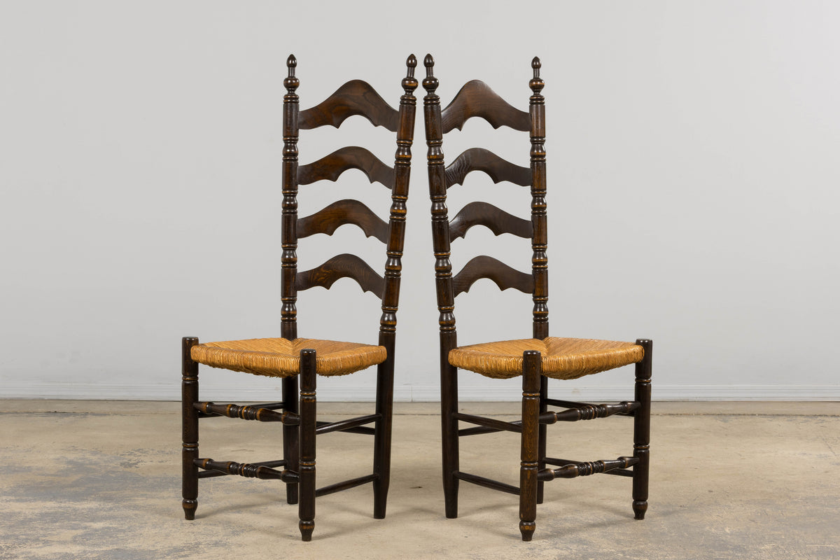 Antique Spanish Country Oak Ladder Back Rush Seat Dining Chairs – Set of 10