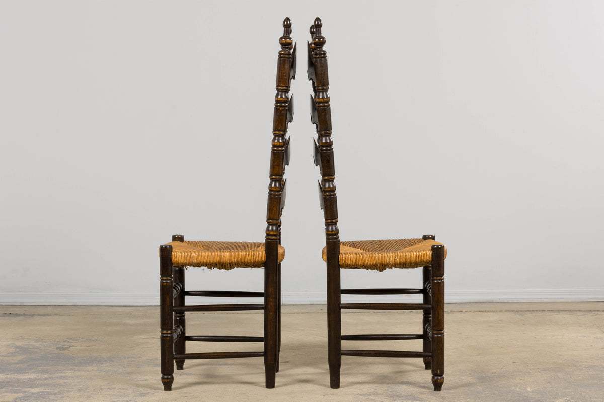 Antique Spanish Country Oak Ladder Back Rush Seat Dining Chairs – Set of 10