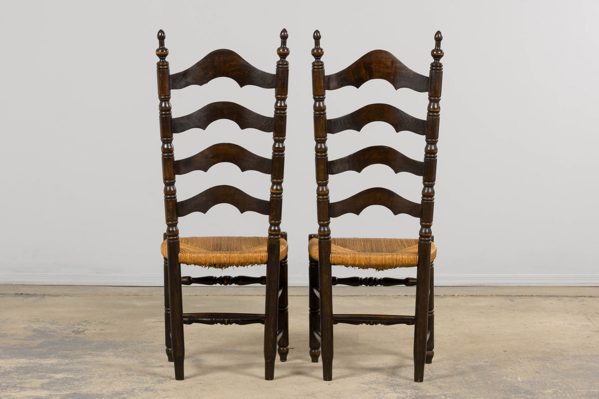 Antique Spanish Country Oak Ladder Back Rush Seat Dining Chairs – Set of 10