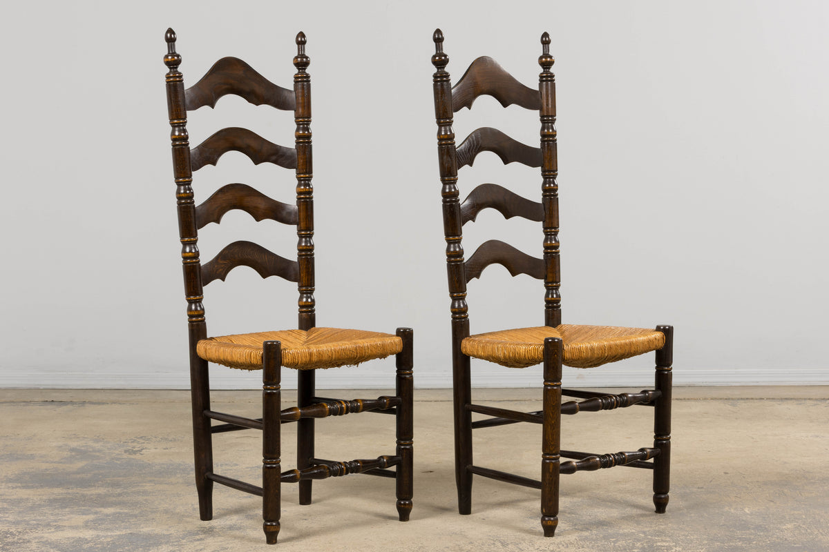 Antique Spanish Country Oak Ladder Back Rush Seat Dining Chairs – Set of 10