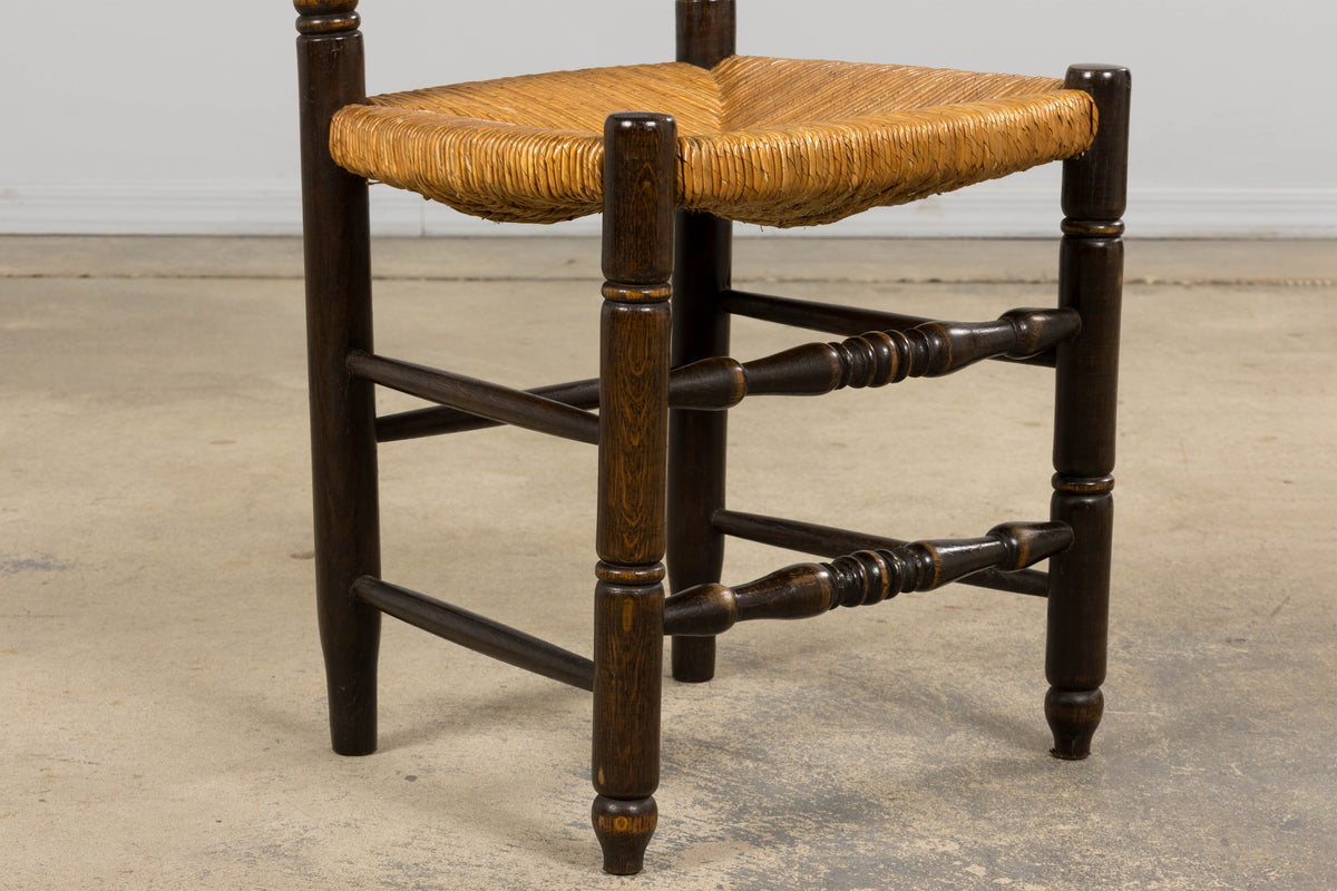 Antique Spanish Country Oak Ladder Back Rush Seat Dining Chairs – Set of 10