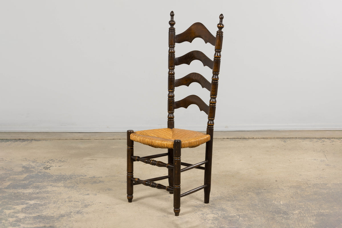 Antique Spanish Country Oak Ladder Back Rush Seat Dining Chairs – Set of 10