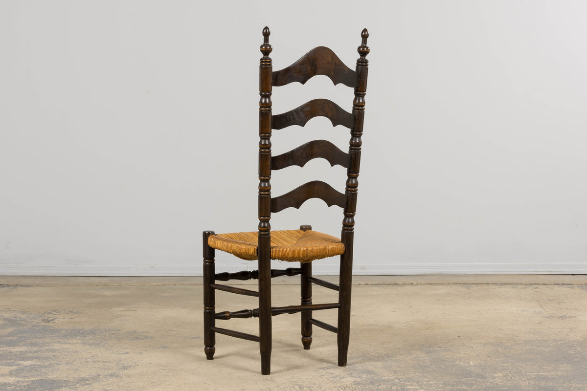Antique Spanish Country Oak Ladder Back Rush Seat Dining Chairs – Set of 10