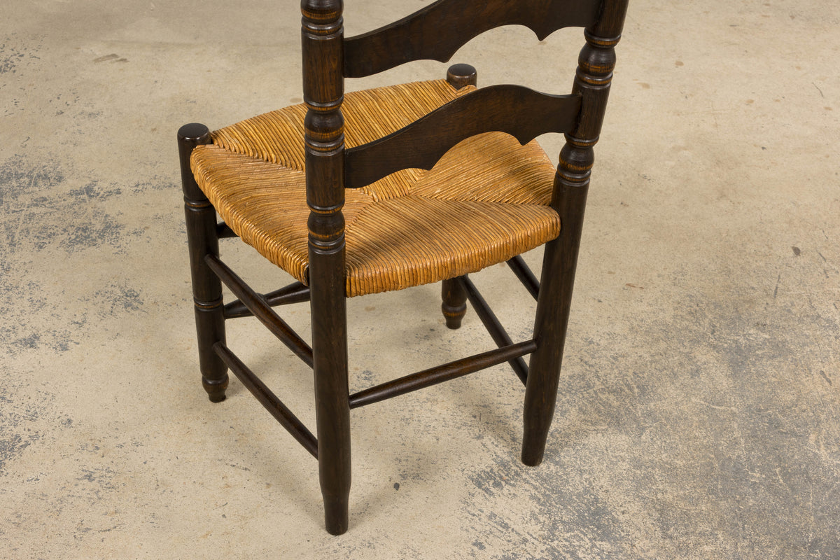 Antique Spanish Country Oak Ladder Back Rush Seat Dining Chairs – Set of 10