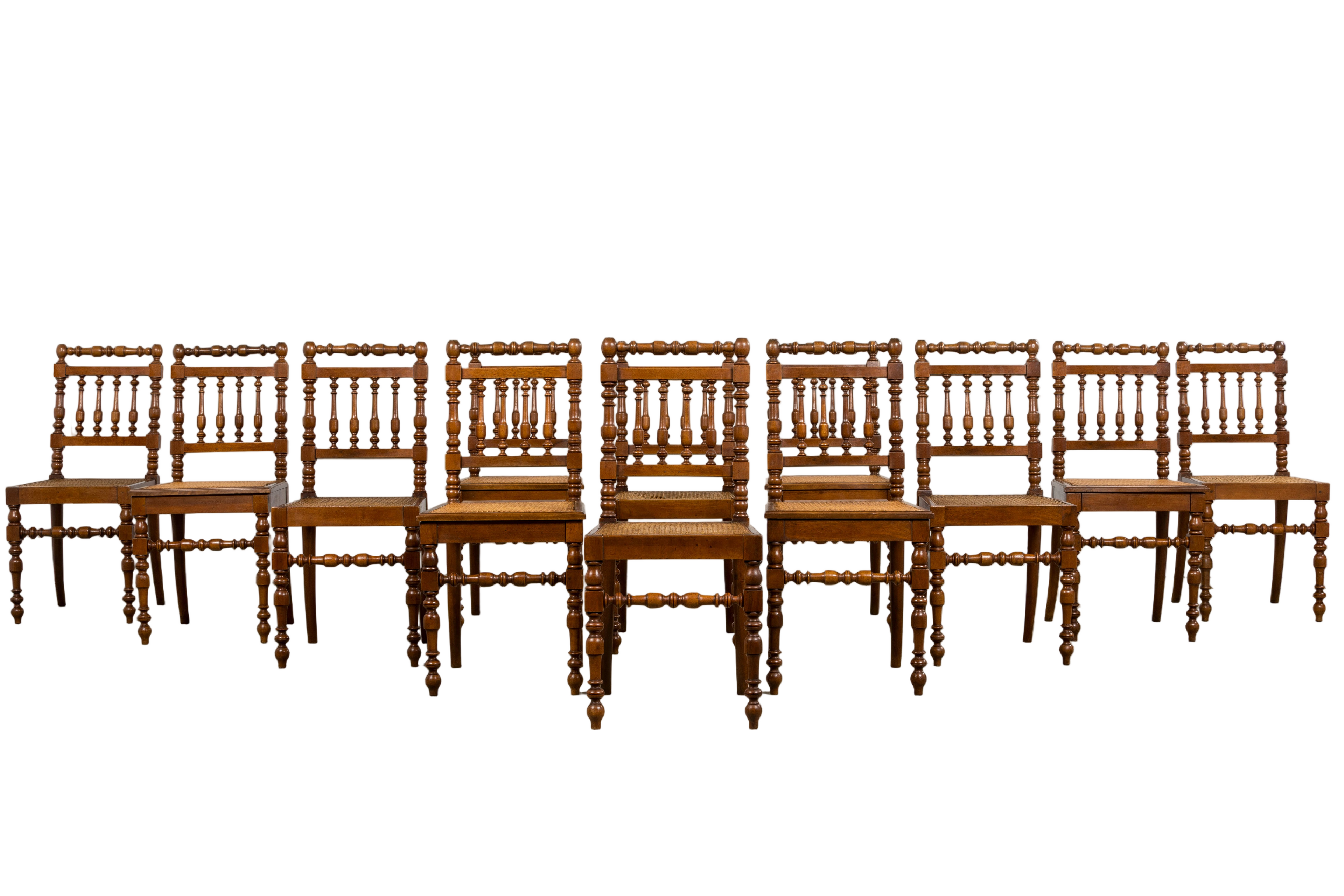 19th Century French Louis XIII Walnut Dining Chairs W/ Cane Seats - Set of 12