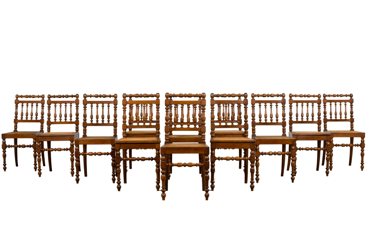 19th Century French Louis XIII Walnut Dining Chairs W/ Cane Seats - Set of 12