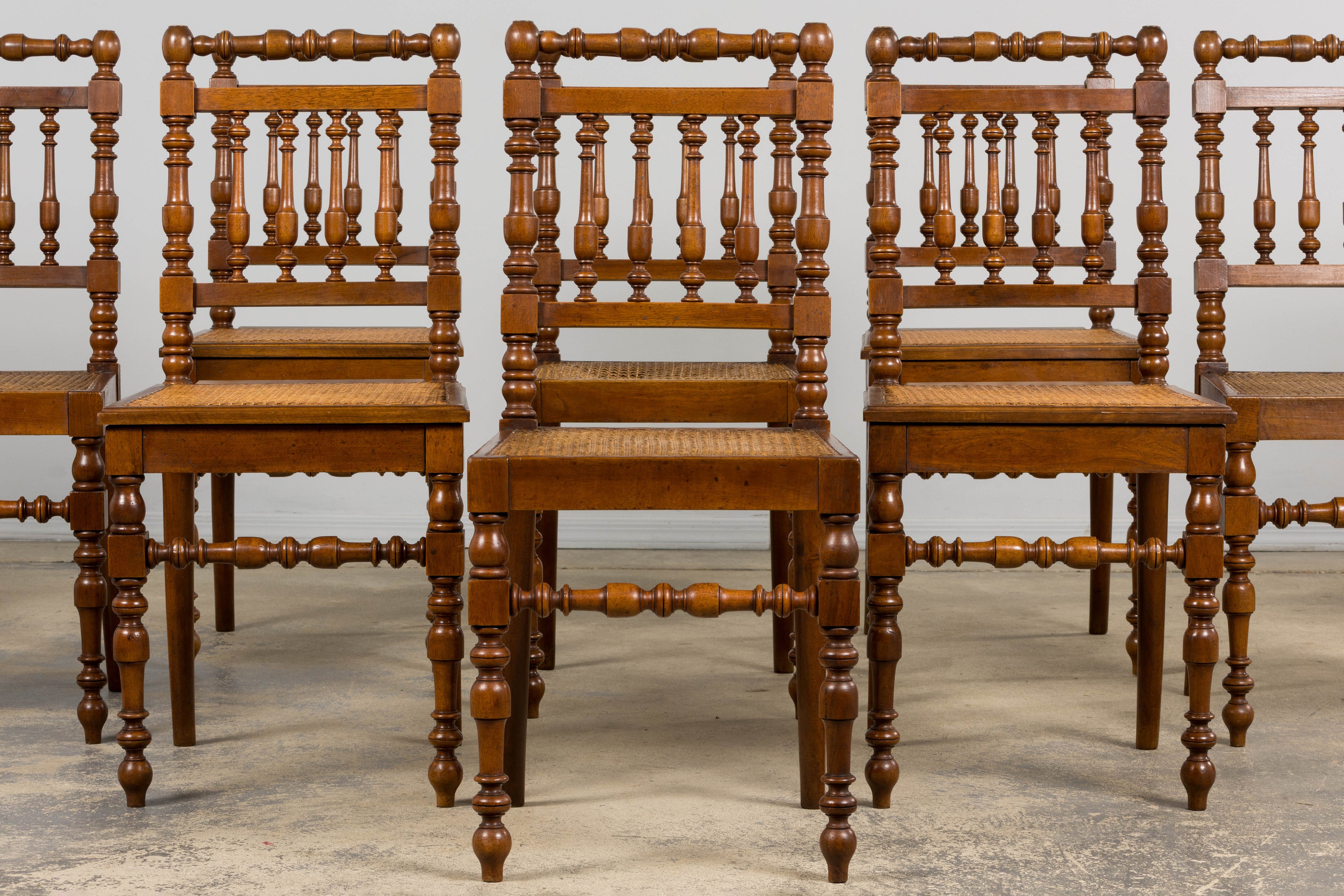 19th Century French Louis XIII Walnut Dining Chairs W/ Cane Seats - Set of 12