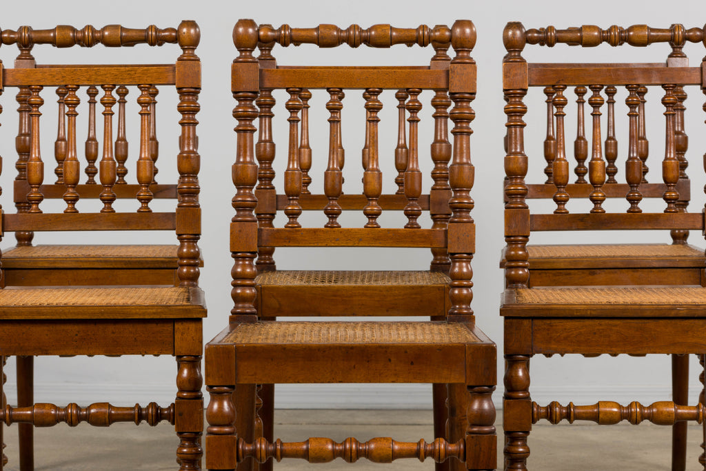 19th Century French Louis XIII Walnut Dining Chairs W/ Cane Seats - Set of 12