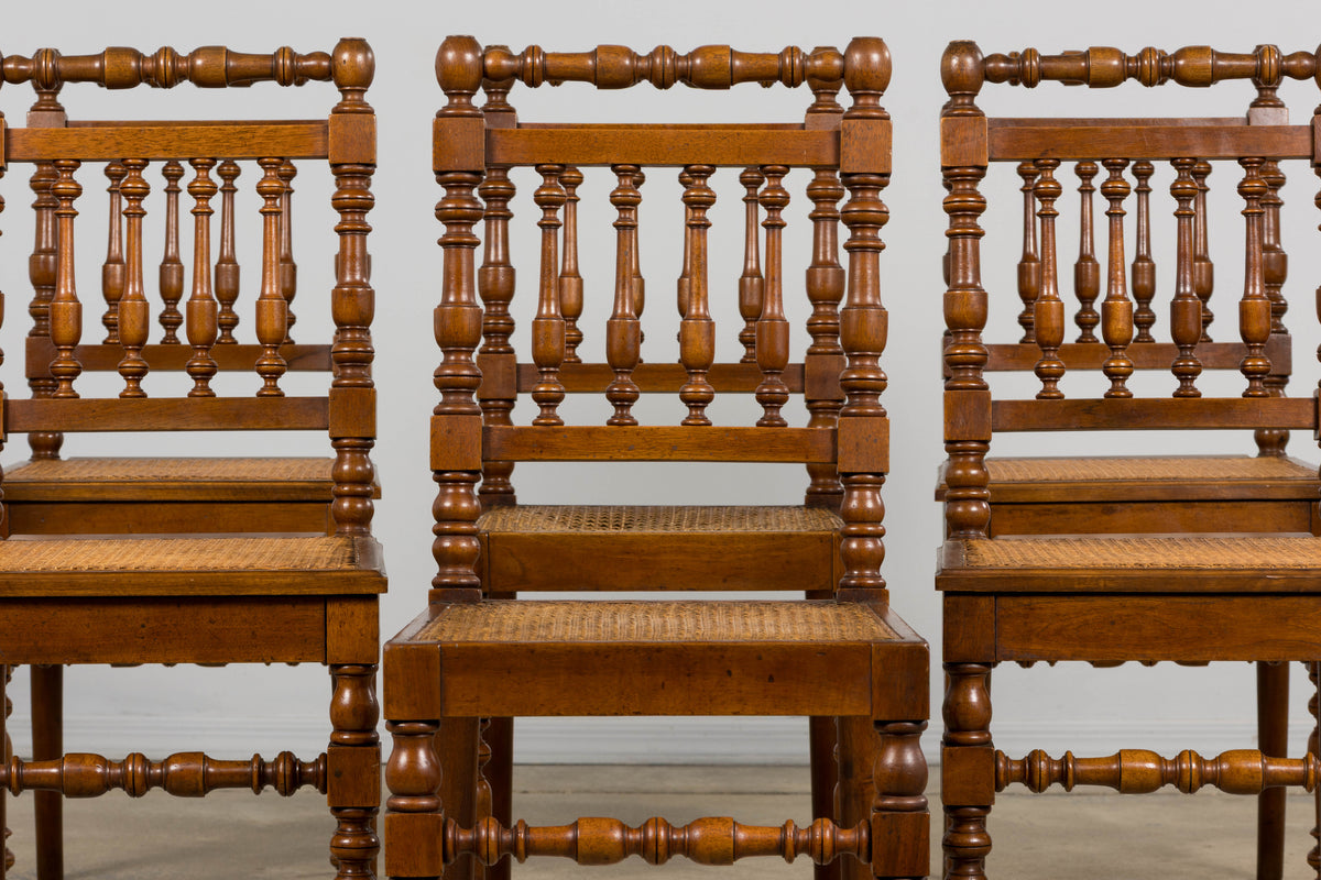 19th Century French Louis XIII Walnut Dining Chairs W/ Cane Seats - Set of 12