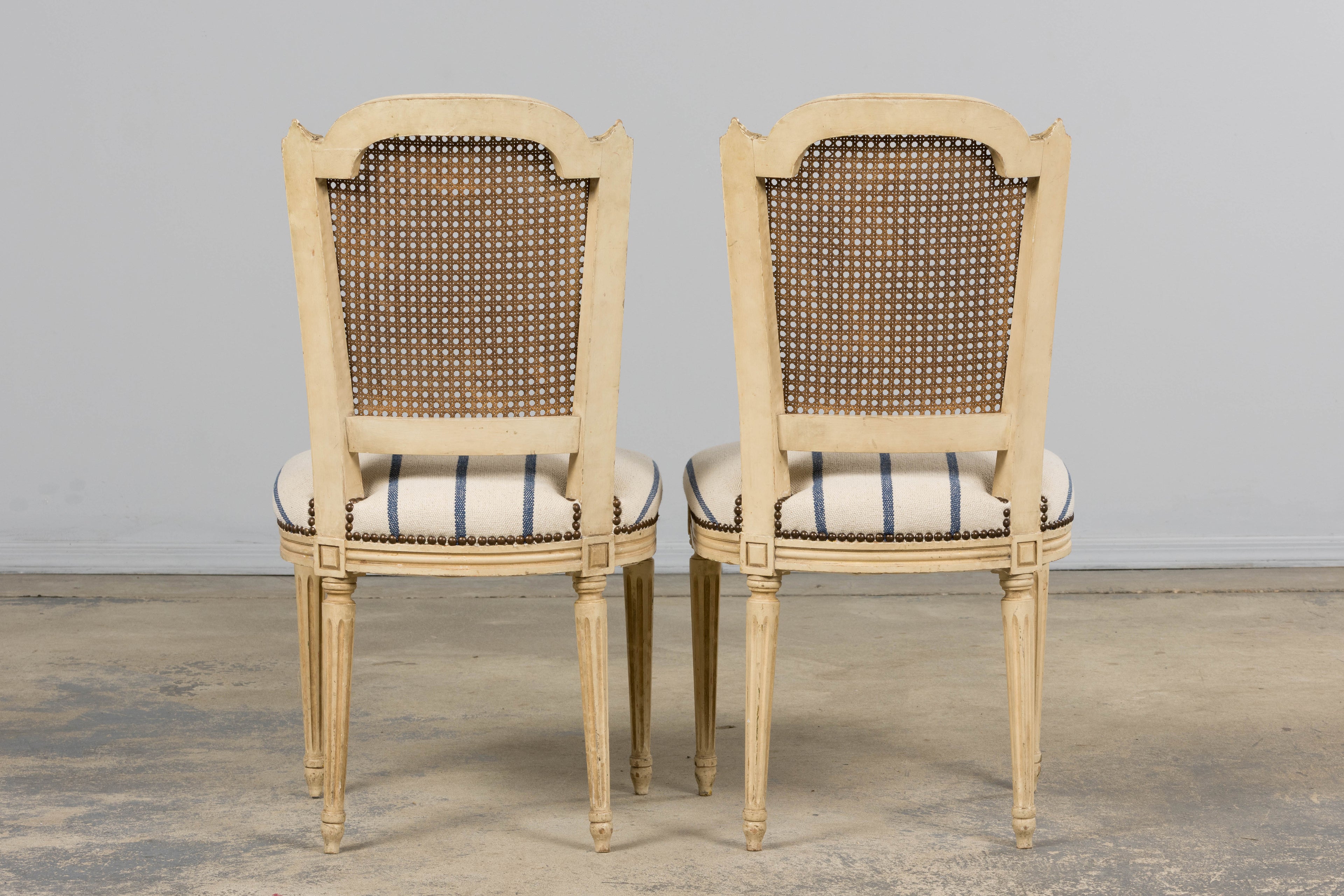 Antique French Louis XVI Painted Cane Back Dining Chairs in Blue Stripe - Set of 6