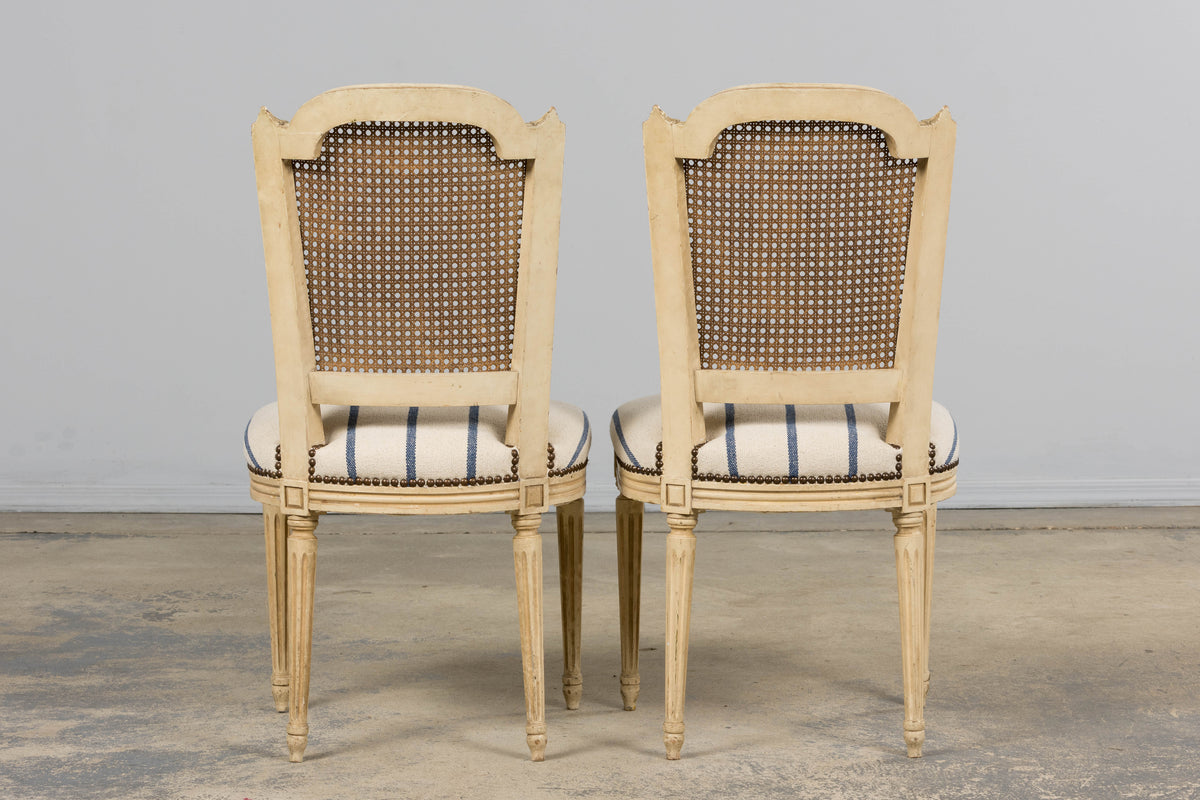 Antique French Louis XVI Painted Cane Back Dining Chairs in Blue Stripe - Set of 6