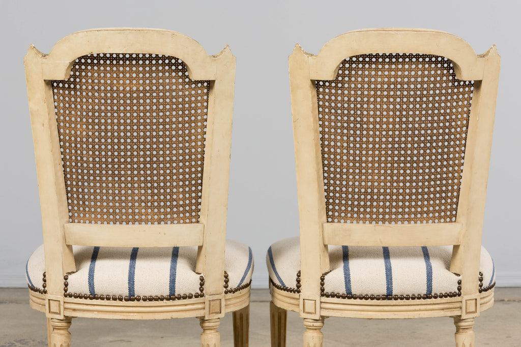 Antique French Louis XVI Painted Cane Back Dining Chairs in Blue Stripe - Set of 6