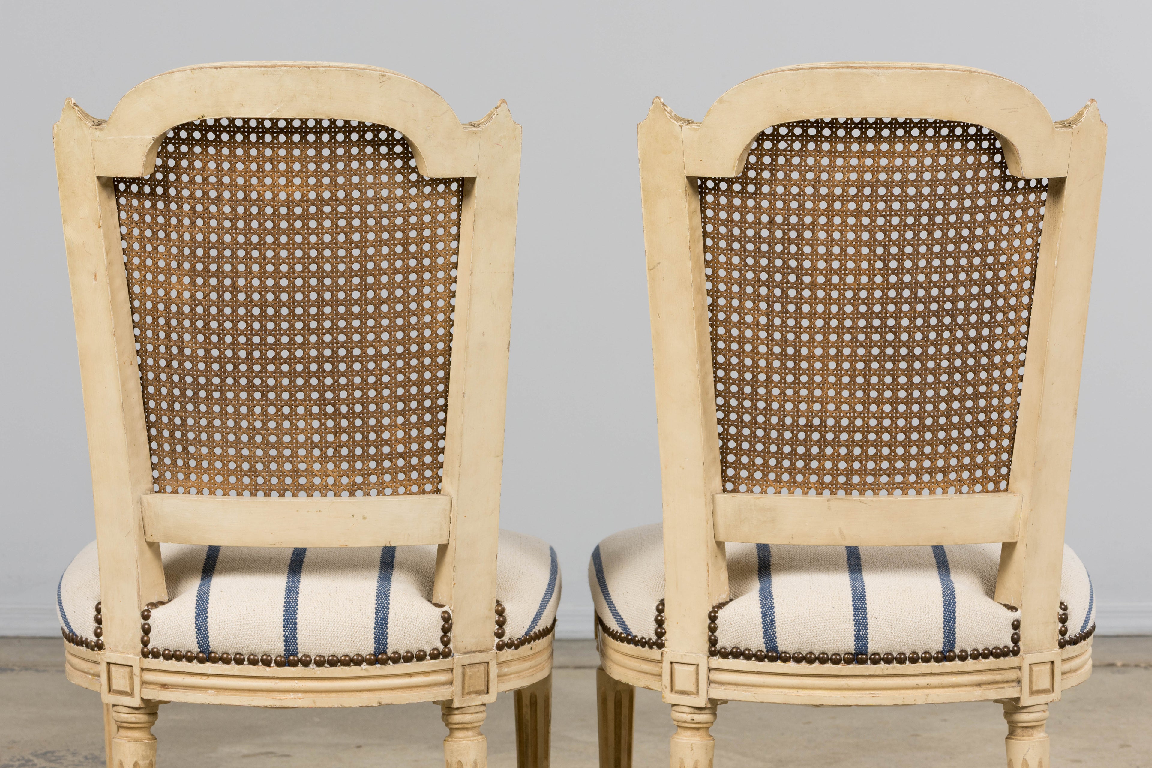 Antique French Louis XVI Painted Cane Back Dining Chairs in Blue Stripe - Set of 6