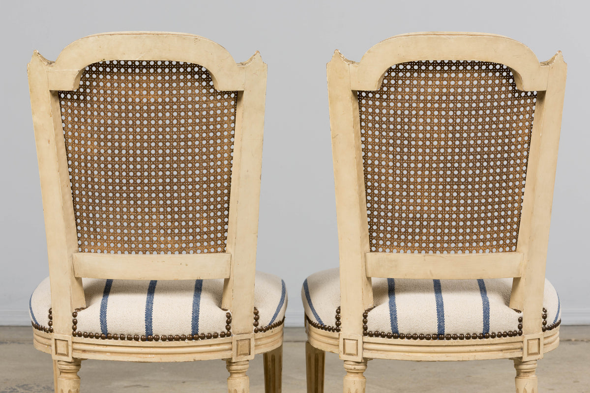 Antique French Louis XVI Painted Cane Back Dining Chairs in Blue Stripe - Set of 6