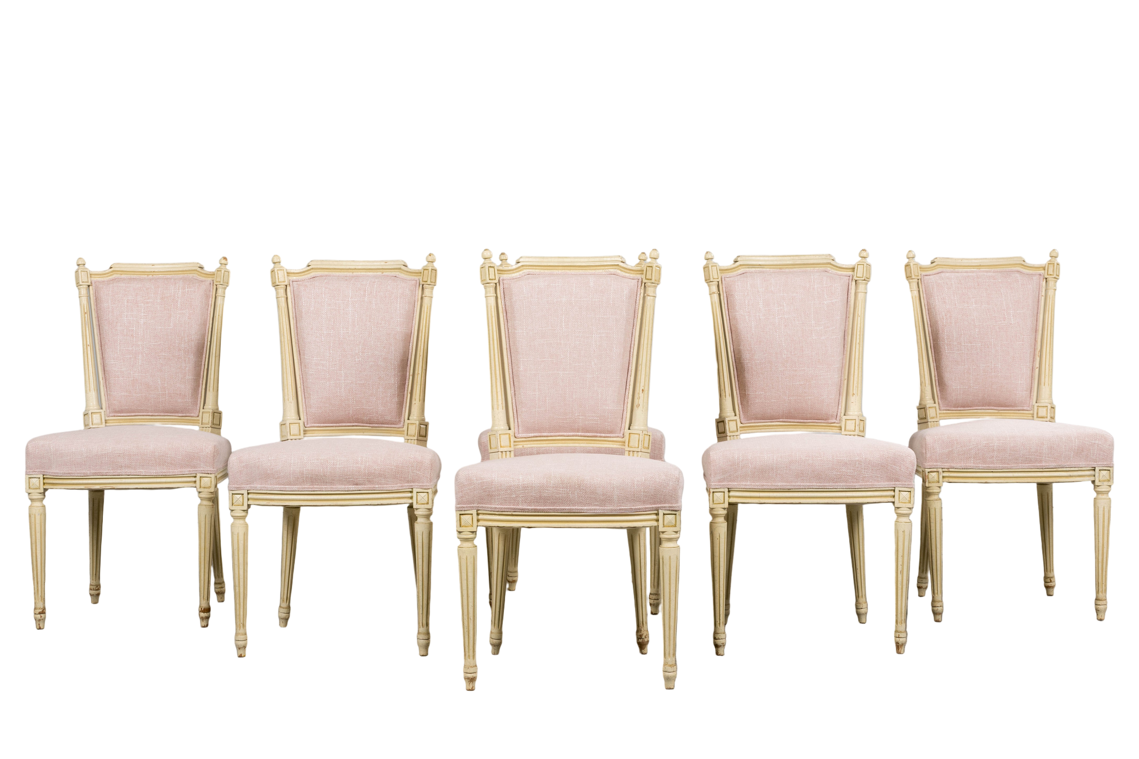 Antique French Louis XVI Style Painted Dining Chairs in Blush Pink - Set of 6