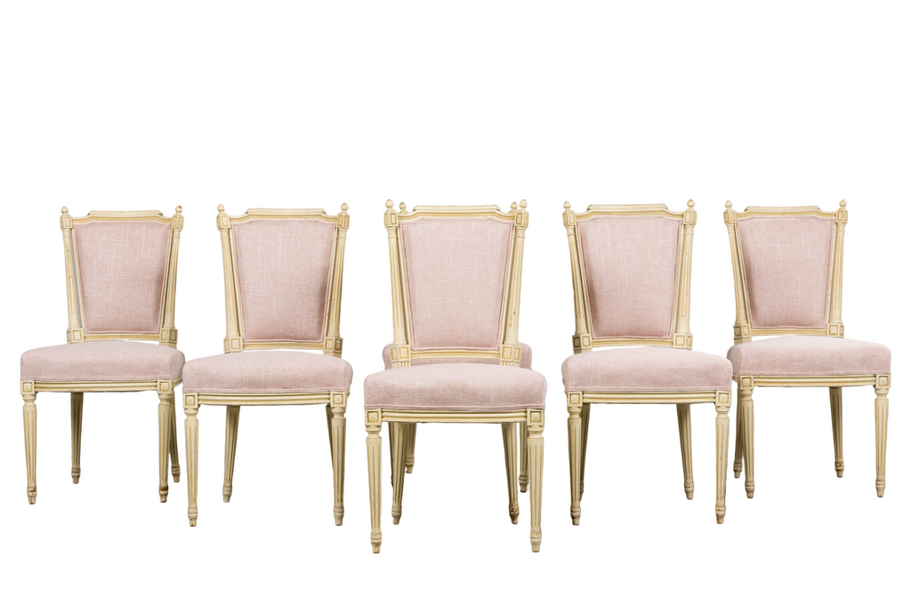 Antique French Louis XVI Style Painted Dining Chairs in Blush Pink - Set of 6