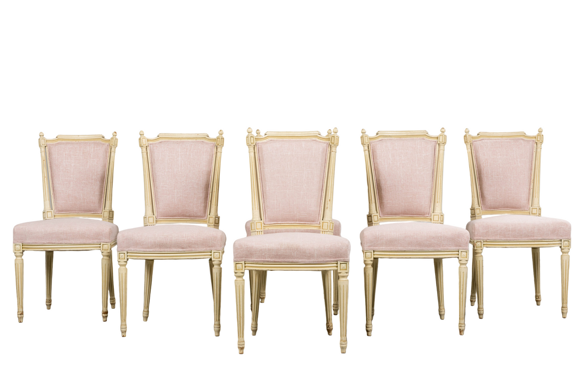 Antique French Louis XVI Style Painted Dining Chairs in Blush Pink - Set of 6