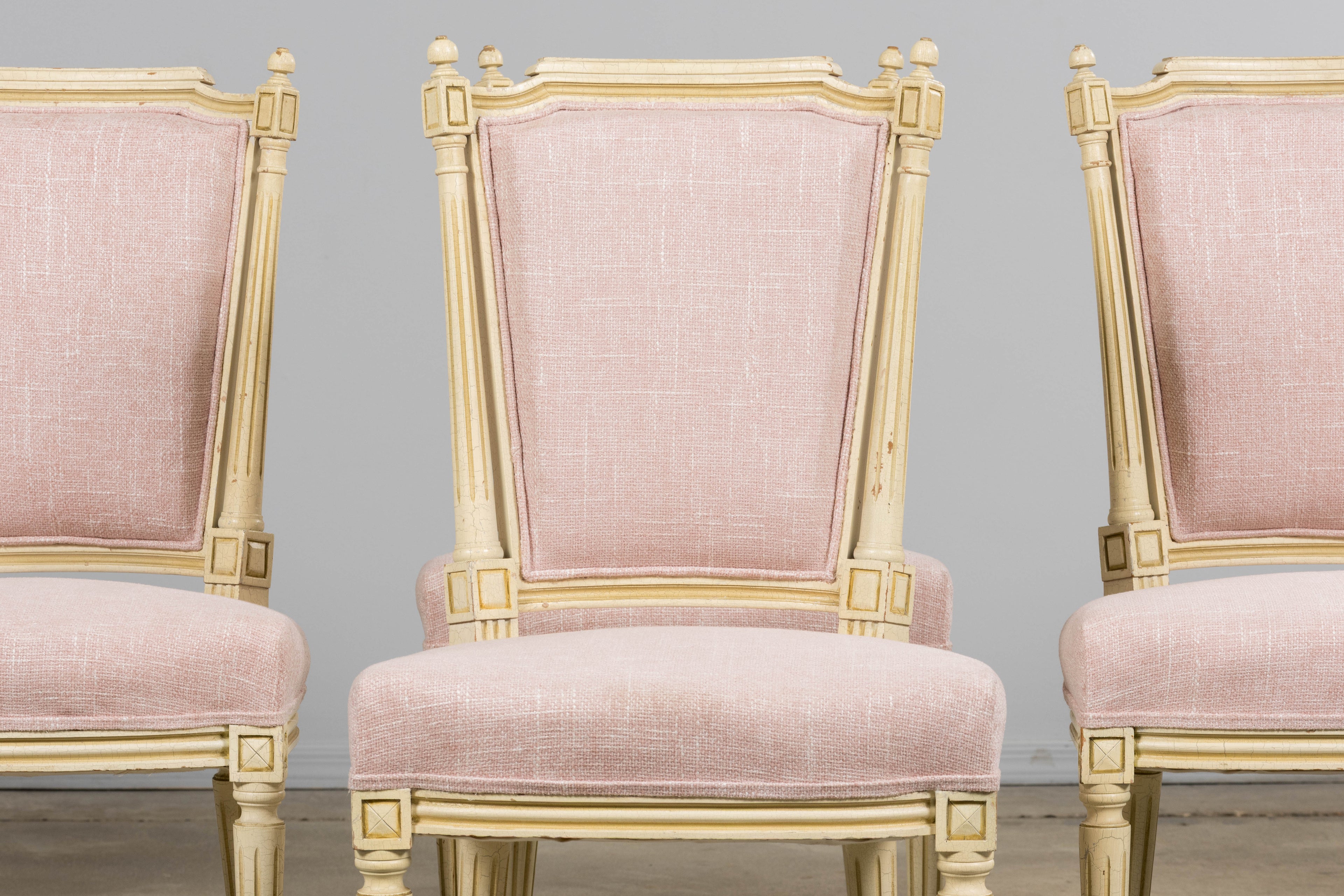 Antique French Louis XVI Style Painted Dining Chairs in Blush Pink - Set of 6