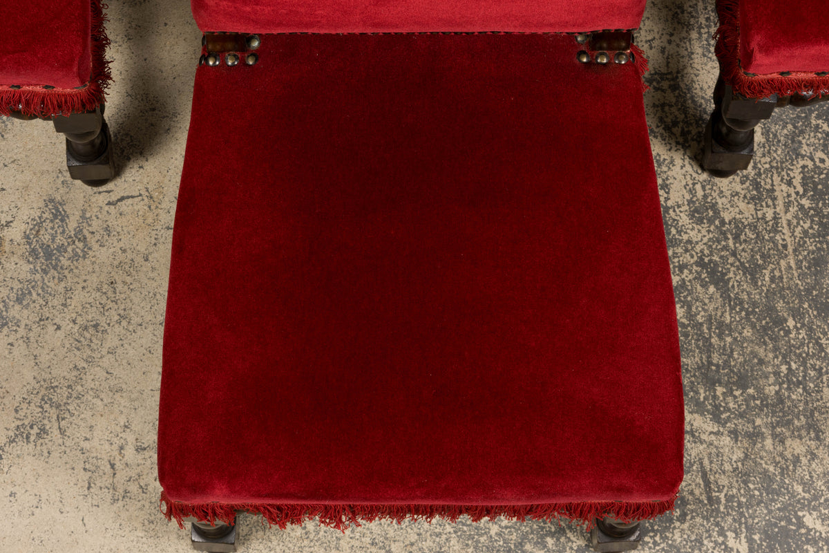 Antique French Louis XIII Style Maple Dining Chairs in Red Velvet - Set of 10