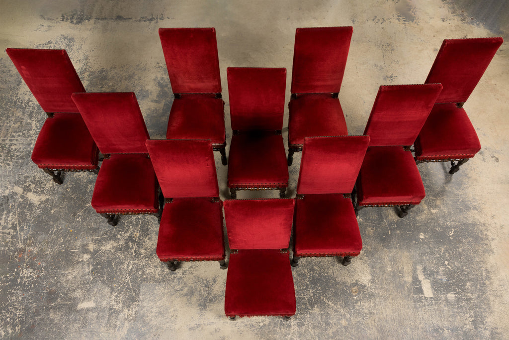 Antique French Louis XIII Style Maple Dining Chairs in Red Velvet - Set of 10