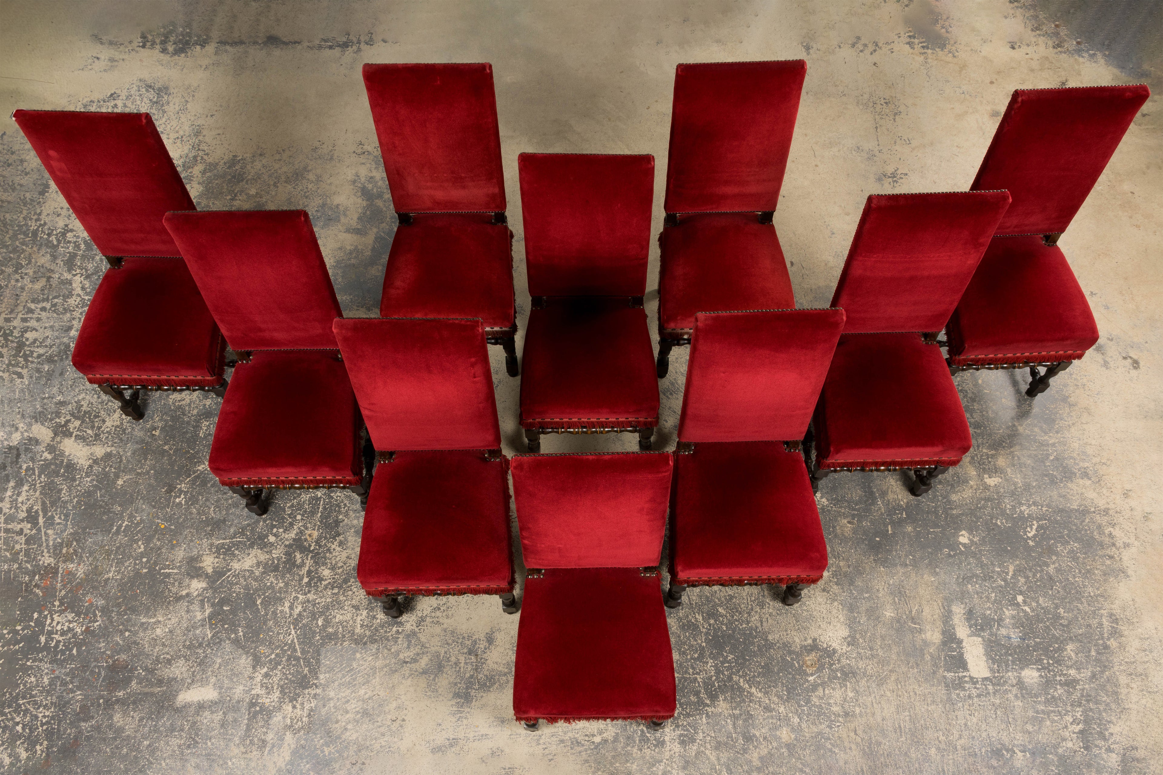 Antique French Louis XIII Style Maple Dining Chairs in Red Velvet - Set of 10