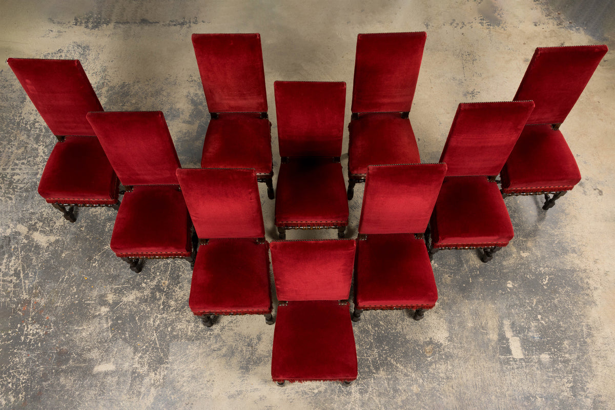 Antique French Louis XIII Style Maple Dining Chairs in Red Velvet - Set of 10