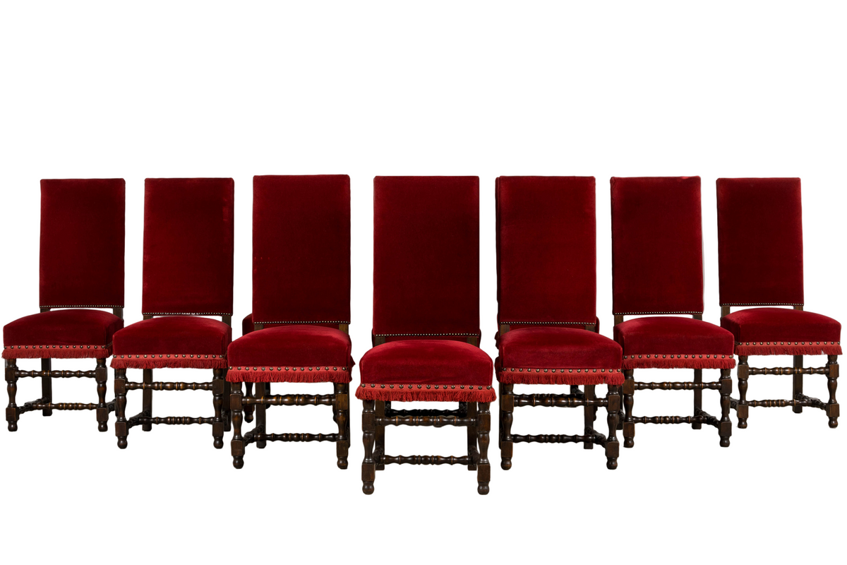 Antique French Louis XIII Style Maple Dining Chairs in Red Velvet - Set of 10