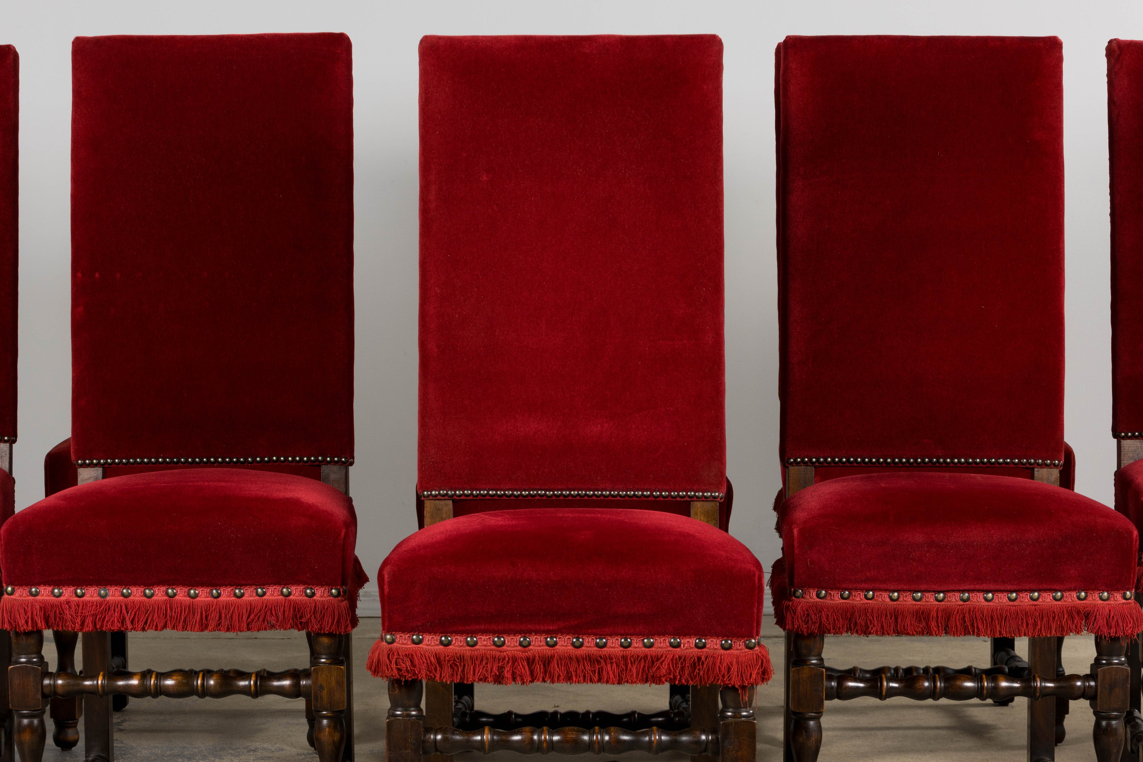 Antique French Louis XIII Style Maple Dining Chairs in Red Velvet - Set of 10