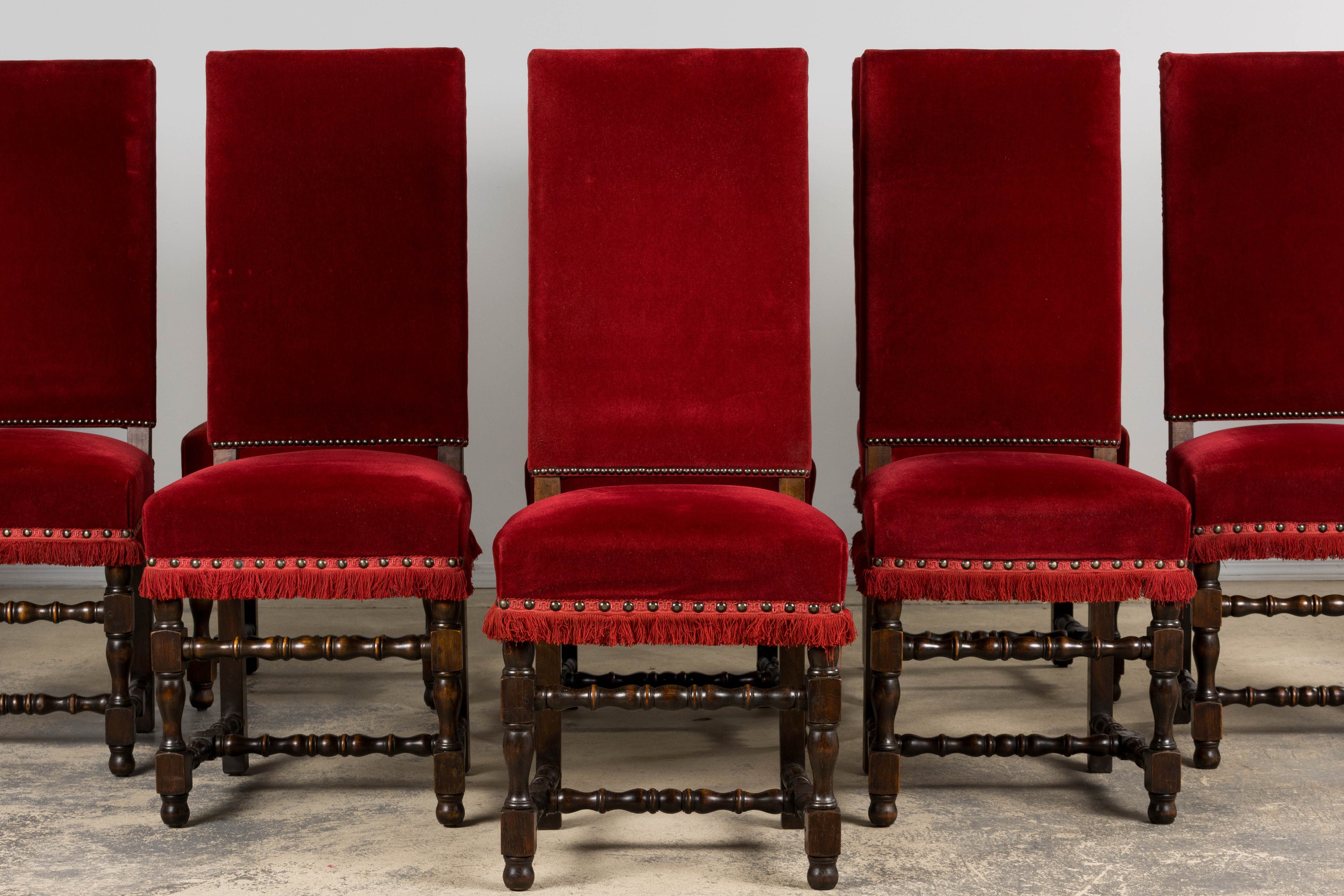 Antique French Louis XIII Style Maple Dining Chairs in Red Velvet - Set of 10