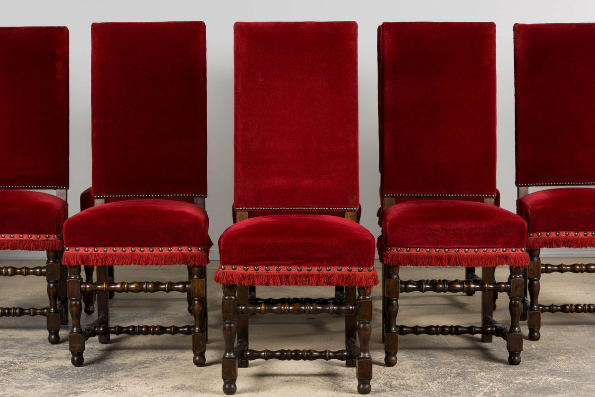 Antique French Louis XIII Style Maple Dining Chairs in Red Velvet - Set of 10