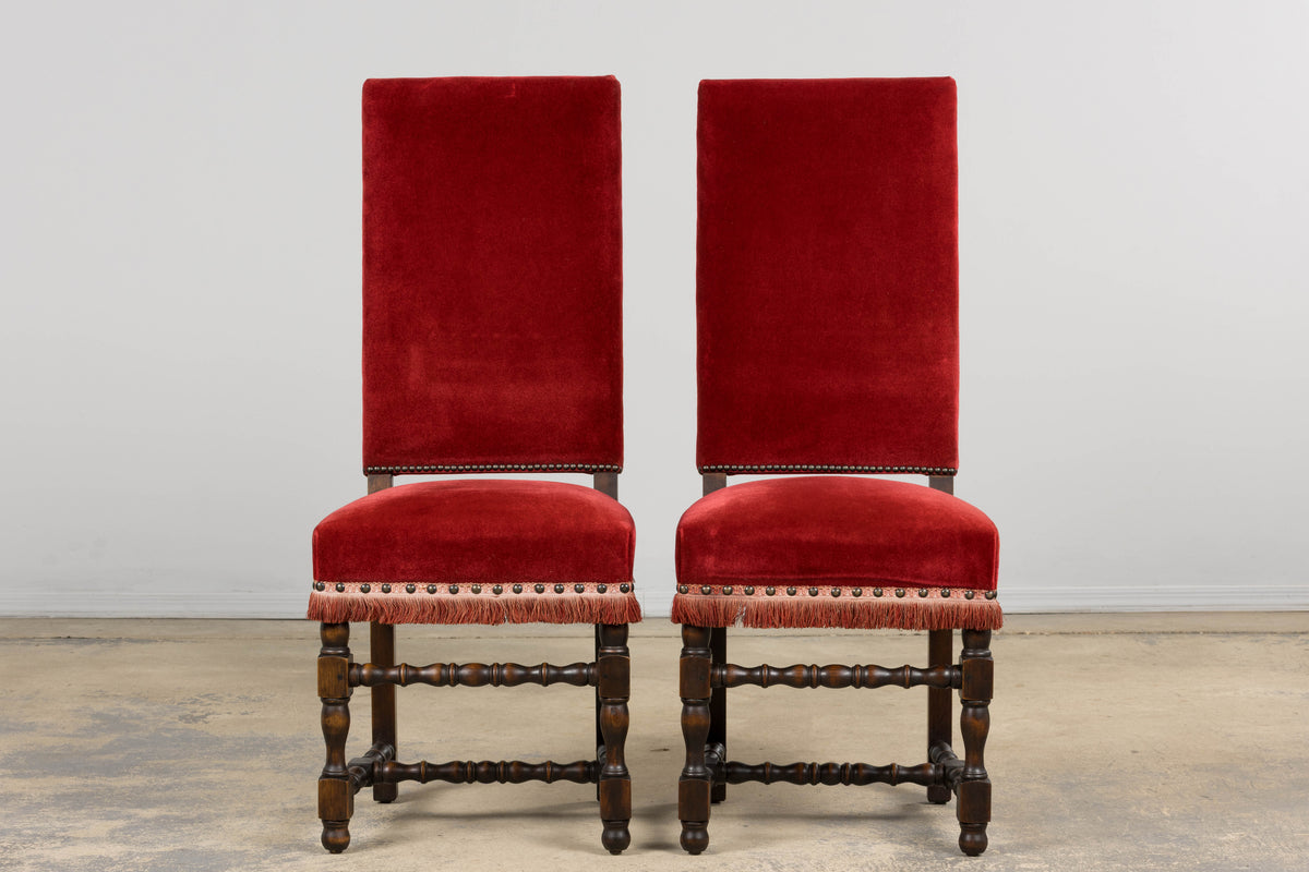 Antique French Louis XIII Style Maple Dining Chairs in Red Velvet - Set of 10