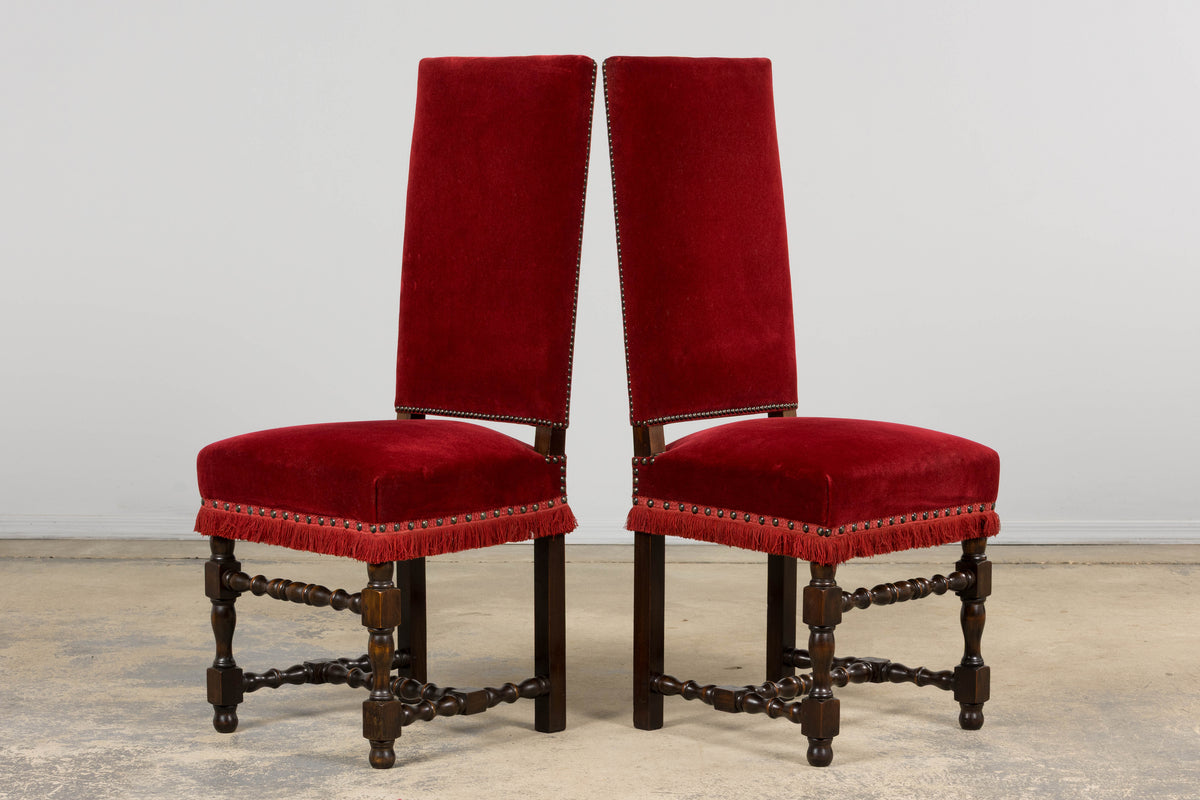 Antique French Louis XIII Style Maple Dining Chairs in Red Velvet - Set of 10