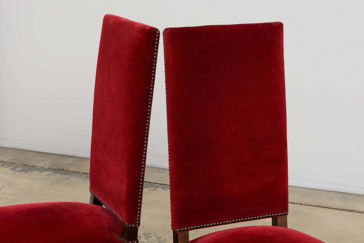Antique French Louis XIII Style Maple Dining Chairs in Red Velvet - Set of 10