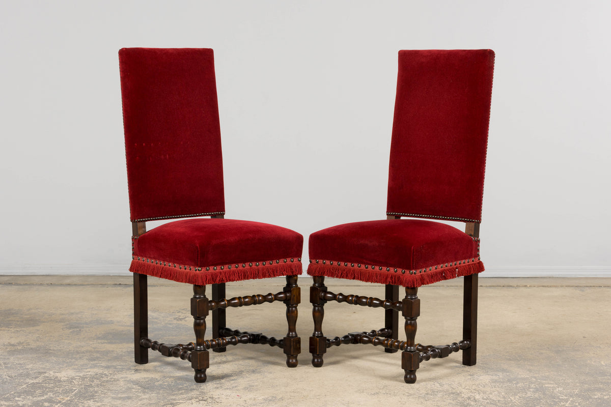 Antique French Louis XIII Style Maple Dining Chairs in Red Velvet - Set of 10