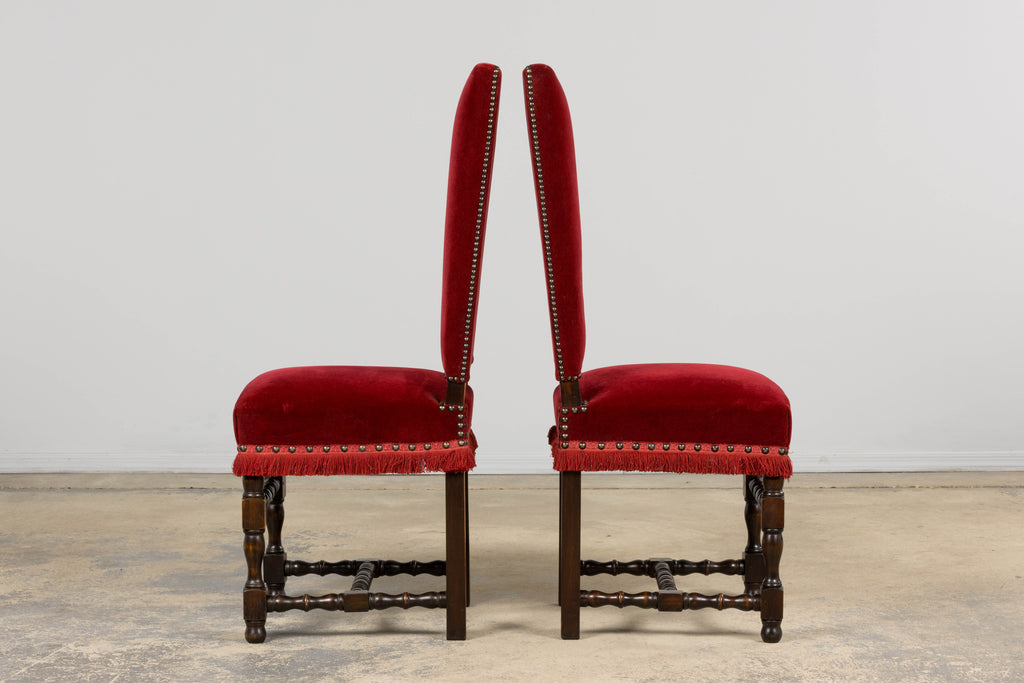 Antique French Louis XIII Style Maple Dining Chairs in Red Velvet - Set of 10